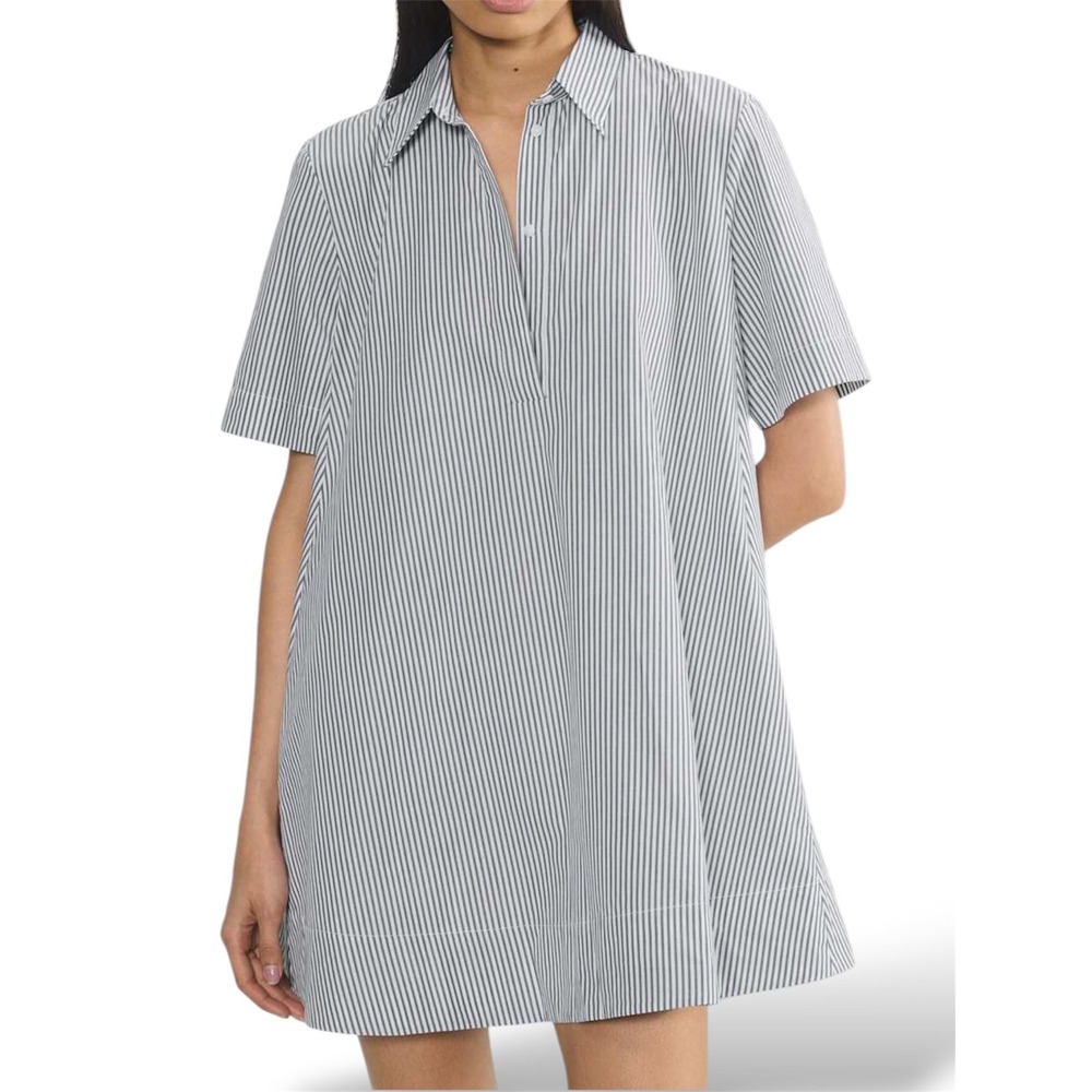 Aritzia Gray and White Pinstripe Short-Sleeve Mini Shirt Dress